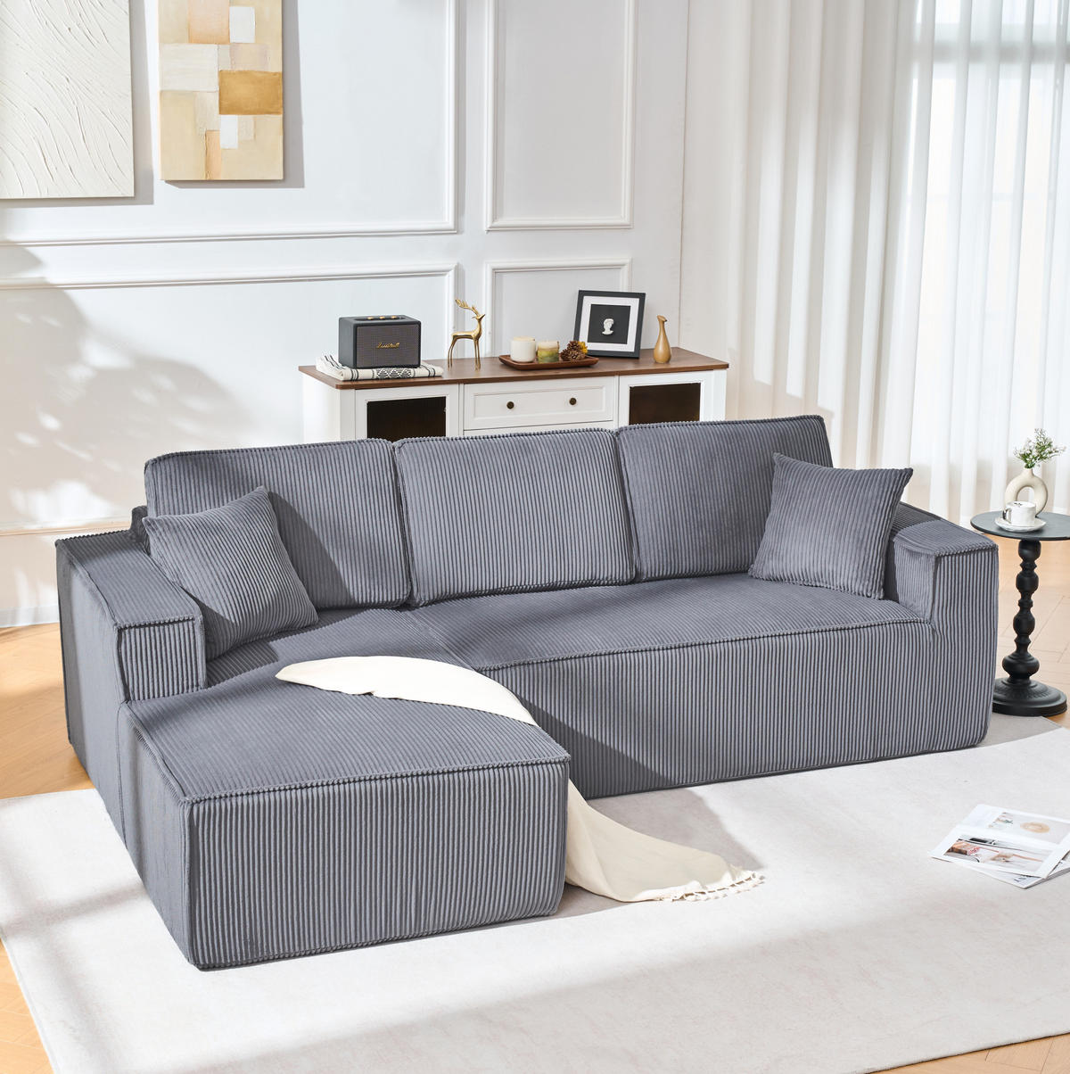 ECKSOFA 235/128/60 cm grau aus Cord mit Chaiselongue - Grau, Textil (128/235cm) - OKWISH