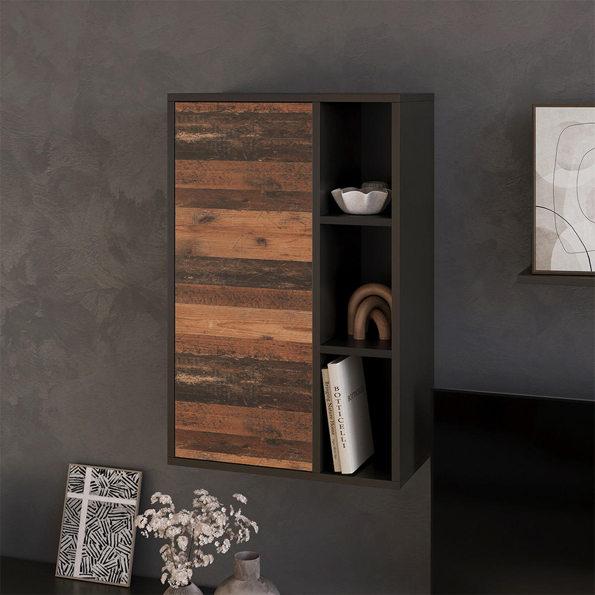 STĚNOVÁ POLICE Berno Černá/starý styl - černá/hnědá, kompozitní dřevo (50.1/78.4/28.3cm) - Vicco