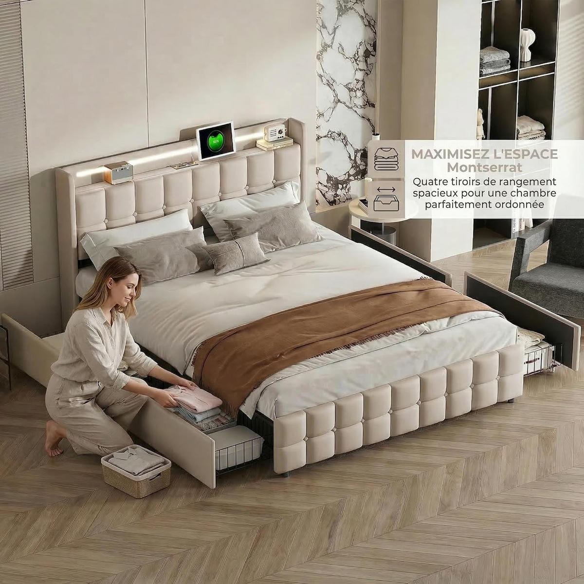 POLSTERBETT mit Schubladen, LED Kopfteil und Lattenrost modernes Bettgestell - Beige/Naturfarben, Holz/Metall (160/200cm) - PARAFTA HOME