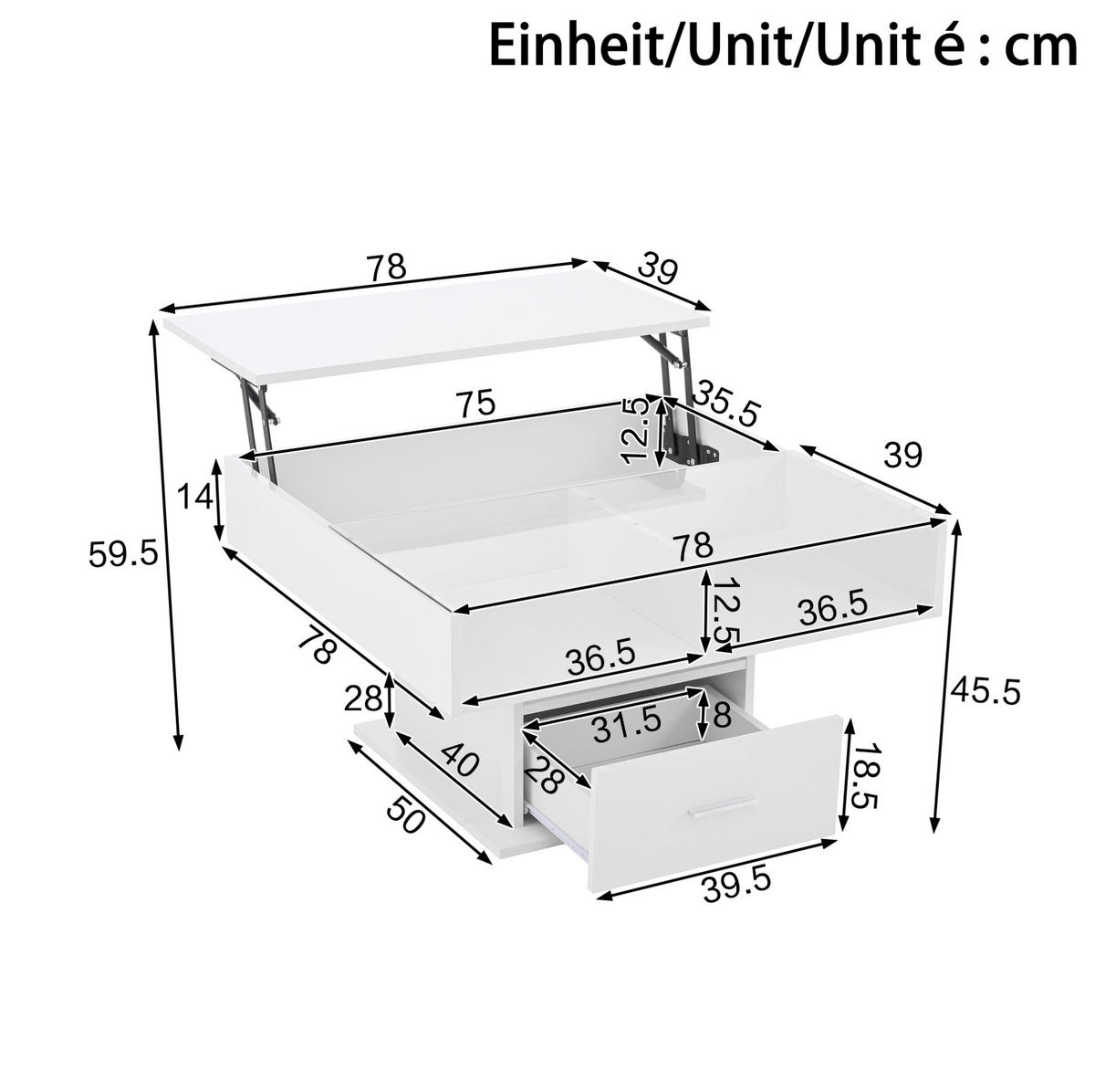COUCHTISCH 78/78/45,5-59,5 cm in Weiß mit LED-Beleuchtung und Stauraum - Weiß, Holzwerkstoff (78/78/59.5cm) - Flora Grace