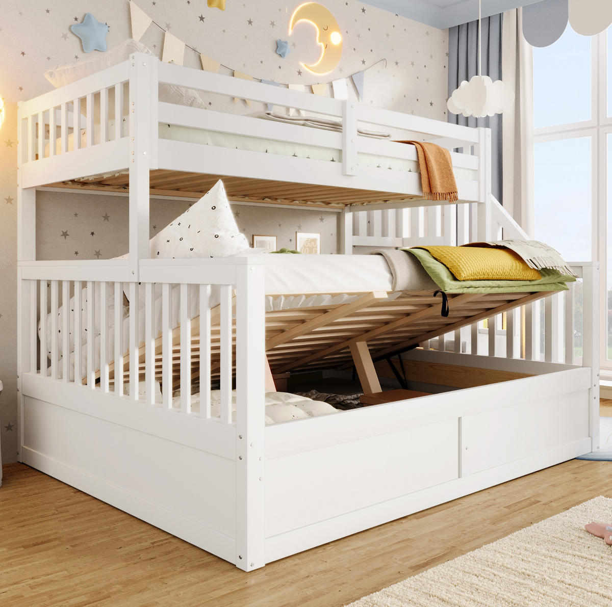 ETAGENBETT 90/200 cm weiß/Natur aus Kiefernholz mit Stauraum - Weiß, Holzwerkstoff (90/200cm) - OKWISH