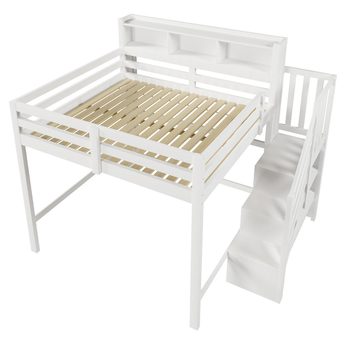 HOCHBETT 140/200 cm mit LED-Beleuchtung, Stauraumtreppe und offenem Staufach, Weiß - Weiß, Holz (140/200cm) - Redom