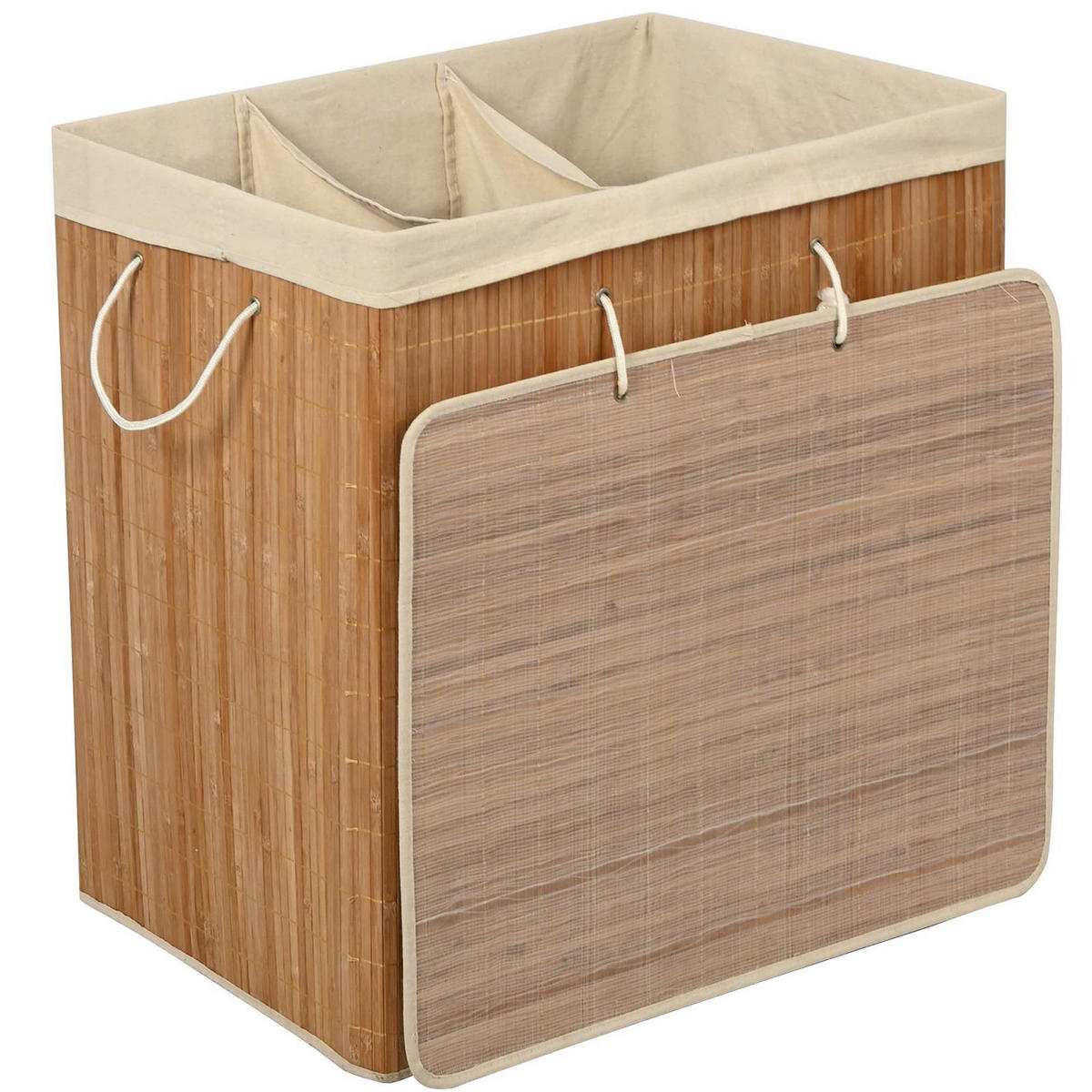WÄSCHEKORB Bambus Textil Naturfarben Beige 3-Fächer 60x40x61,5 cm - Beige/Naturfarben, Holz/Textil (60/61.5/40cm) - Begryf