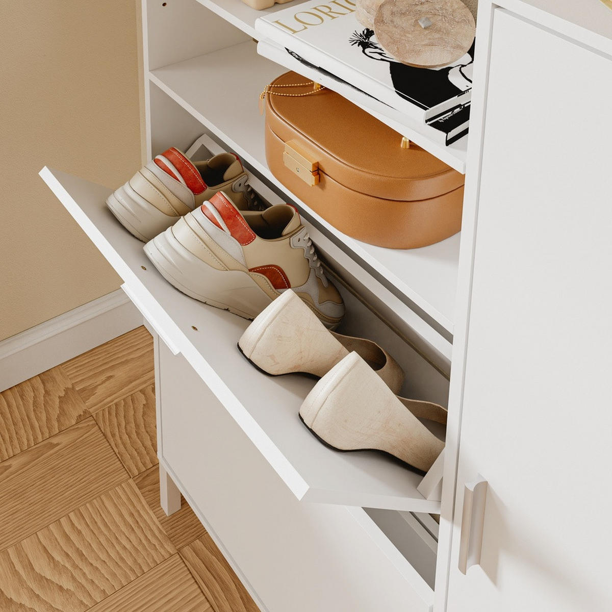 SCHUHSCHRANK mit klappbaren Fächern und Türfach FSR230 - Weiß, Holzwerkstoff (83/117.5/14cm) - SoBuy
