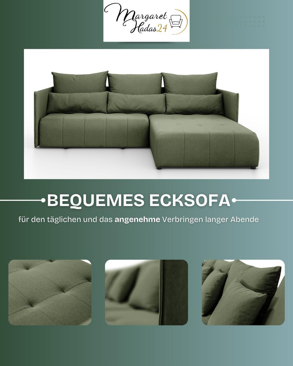 ECKSOFA L Form Hanna 246 x 188 cm mit Schlaffunktion und Bettkasten, 4 Sitzer, Bettzeugablage, Sofa, Eckcouch, grün rechts - Grün, Kunststoff (188/246cm) - Margaret Hadas24
