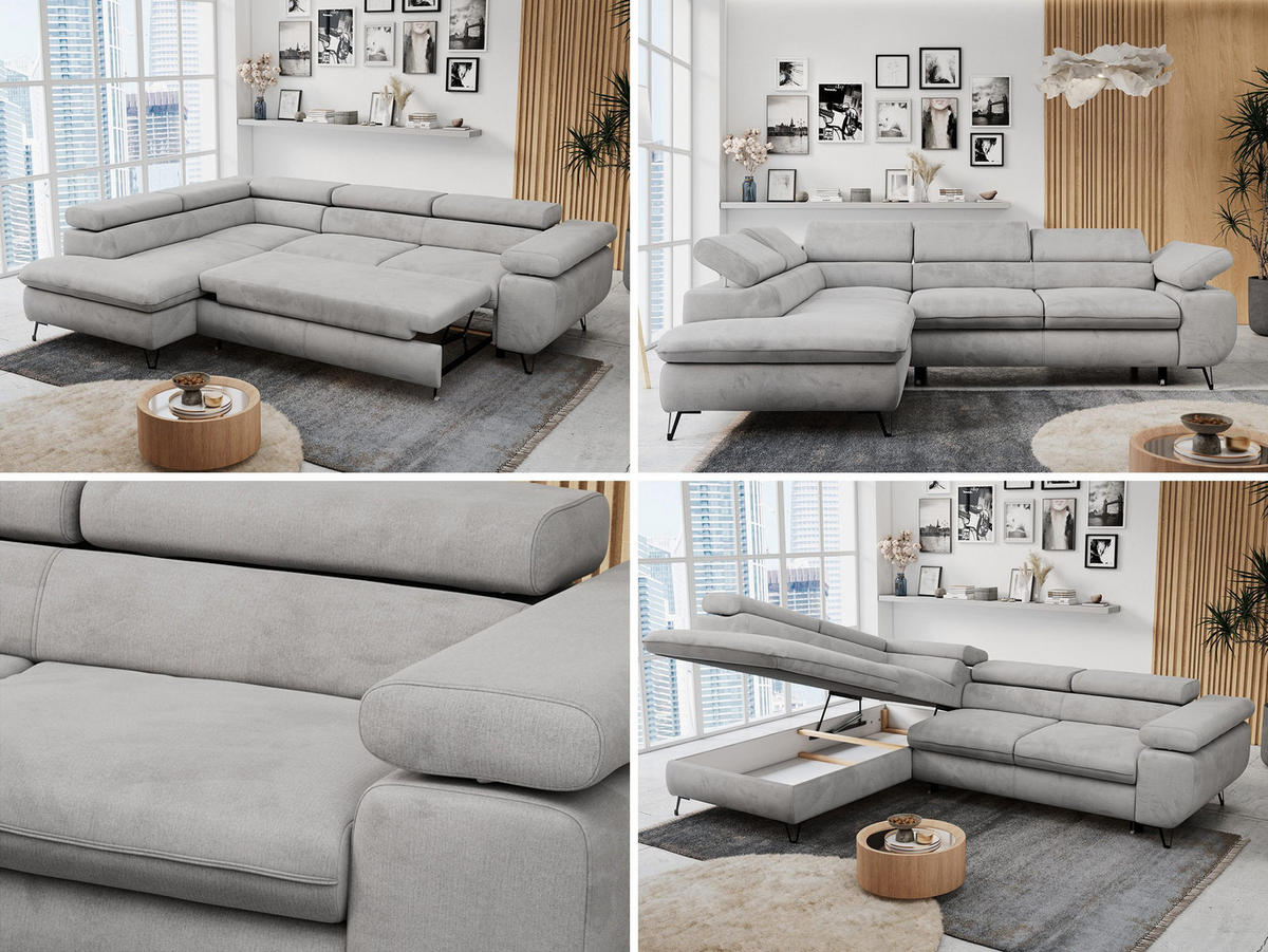ECKSOFA PETER L Hellgrau Velvet - Links Seite - Hellgrau/Schwarz, Textil/Metall (208/273cm) - MKS