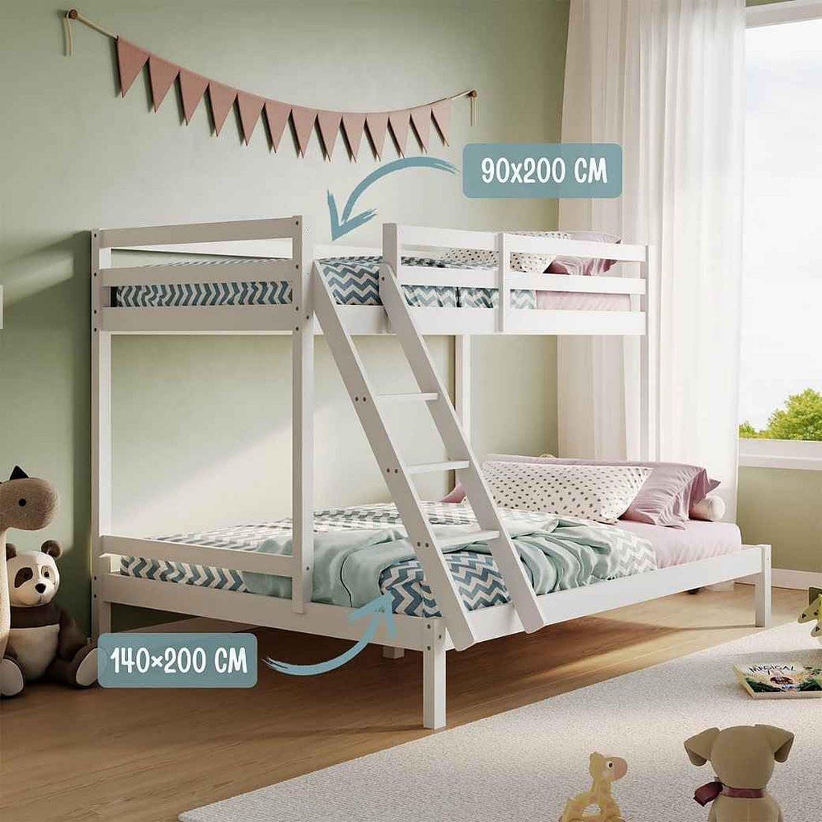 VYVÝŠENÁ postel 90x200 s přídavným velkým lůžkem 140x200 v bílé barvě - bílá, dřevo (140/200cm) - Kids Collective
