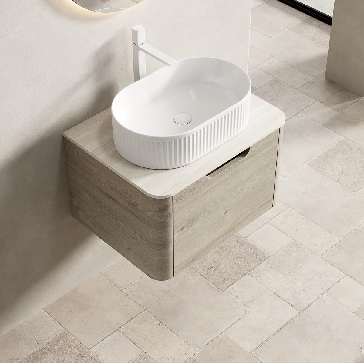 WASCHTISCHKOMBI 60x46x50.2cm Beige/Weiß mit ovalem Keramikbecken & Travertin-Arbeitsplatte - Creme, Keramik (60/50.2/46cm) - Modfu