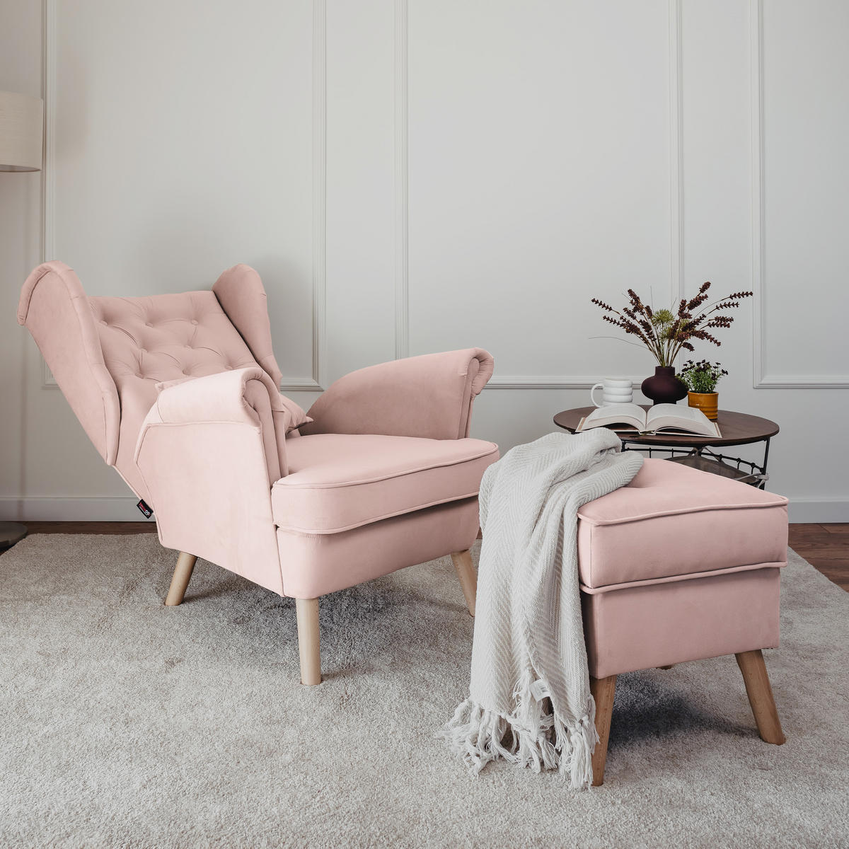 SESSEL mit Fußhocker Classic - Rosa, Holz (92/107/80cm) - Idohome