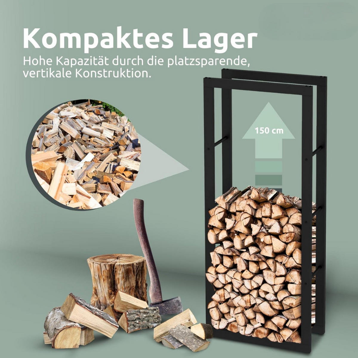 KAMINHOLZREGAL innen Metall KEOP Schwarz 60x25x150 cminkl. Ofenhandschuh - Schwarz, Metall (60/150/25cm) - DELUKE