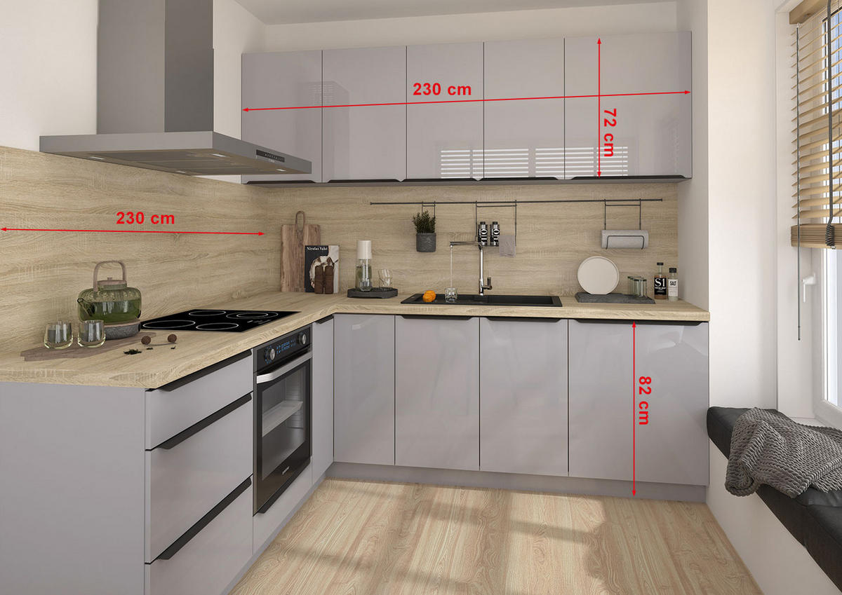 WINKELKÜCHE Essen R1 grau / grau hochglanz 230/230/204cm 8-teilig - Grau, Holzwerkstoff/Metall (230/204/230cm) - Feldmann-Wohnen