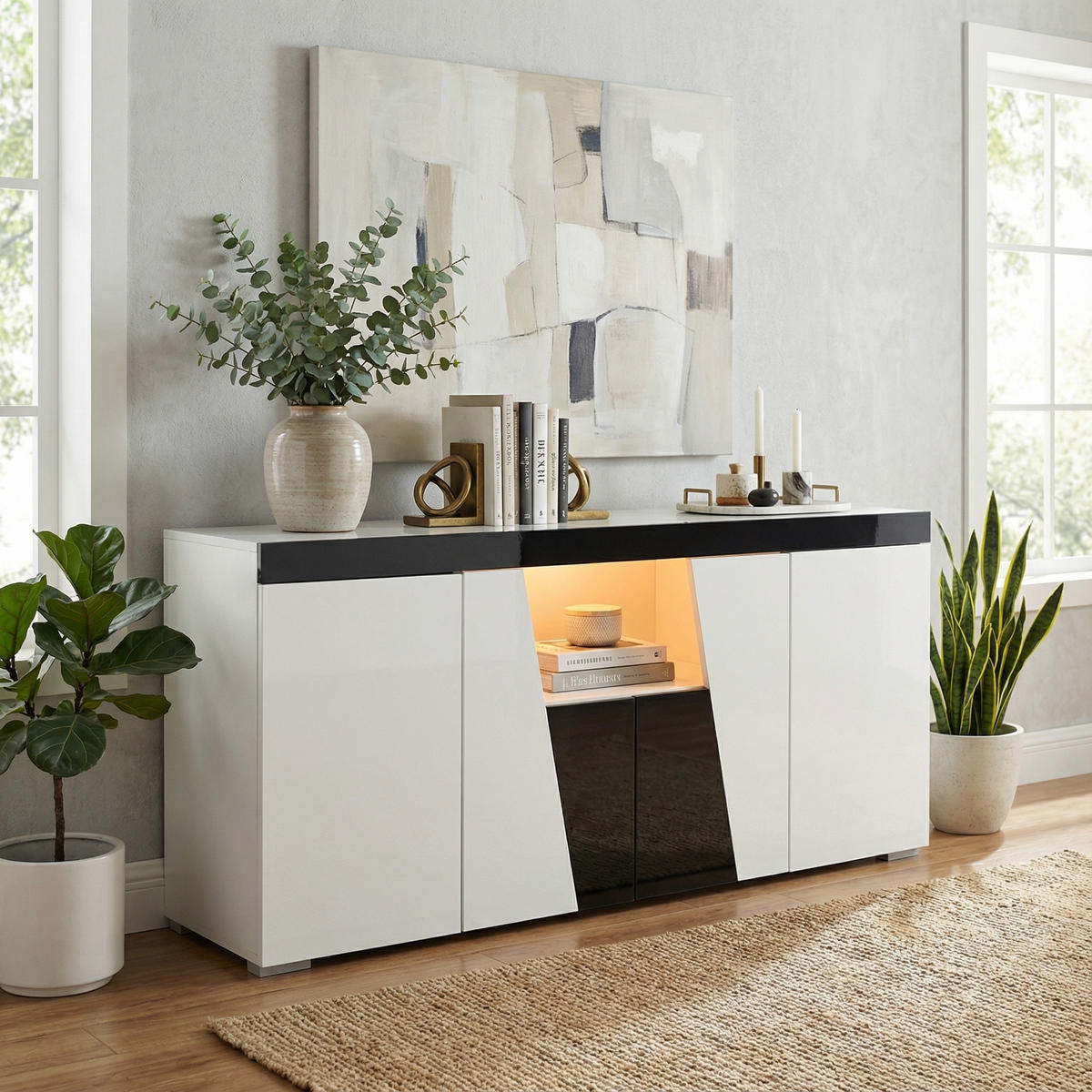 SIDEBOARD in Weiß & Schwarz mit App-LED-Lichtleiste - Weiß, Holzwerkstoff (140/65/40cm) - Urban Meuble