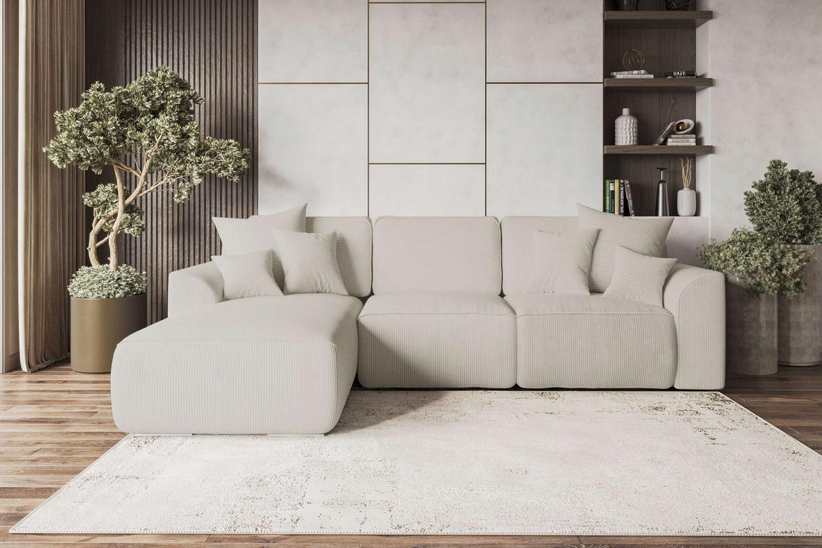 ECKSOFA GUSTO Cordstoff Greige Links inkl. Schlaffunktion - Chromfarben/Greige, Kunststoff/Textil (295/194cm) - 99rooms