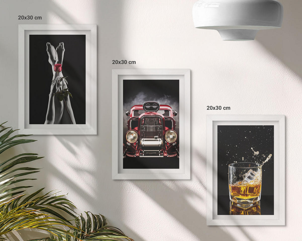BILDER SET 3er Set - 20x30 cm Weißer Rahmen - Frauenbeine Rosenauto Whisky - Weiß, Kunststoff (20/30cm) - TULUP