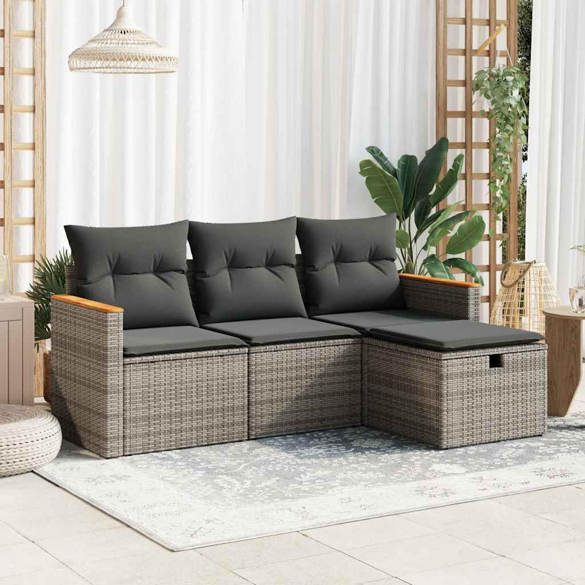 GARTEN-SOFAGARNITUR 4-TLG. Mit Kissen Grau Poly Rattan - Grau, Kunststoff - vidaXL