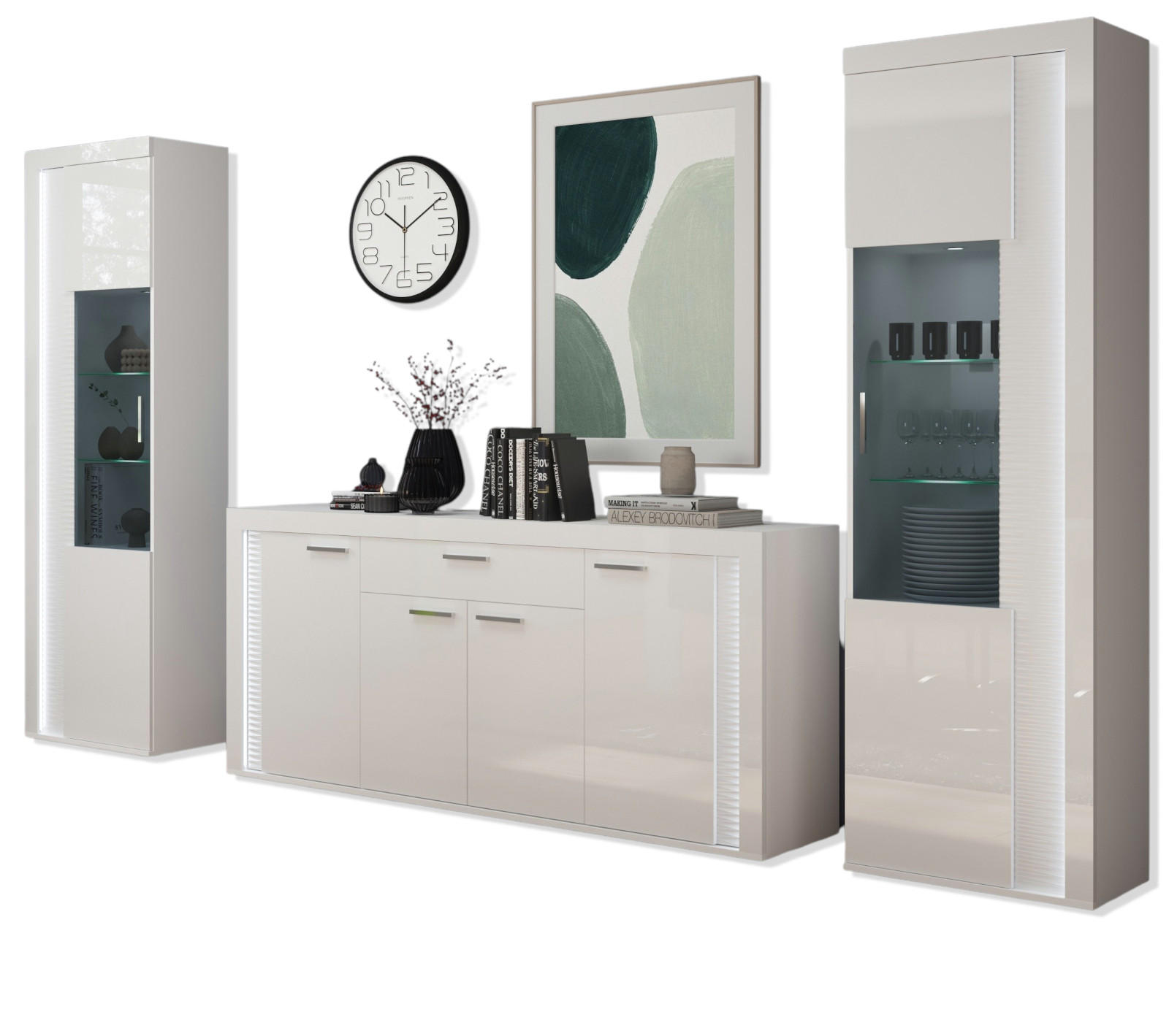 WOHNWAND weiß Hochglanz 330 cm, Soft-Close-Funktion, inkl. Beleuchtung - Weiß Hochglanz/Silberfarben, Glas/Holzwerkstoff (332/202/42cm) - Inn.Furn