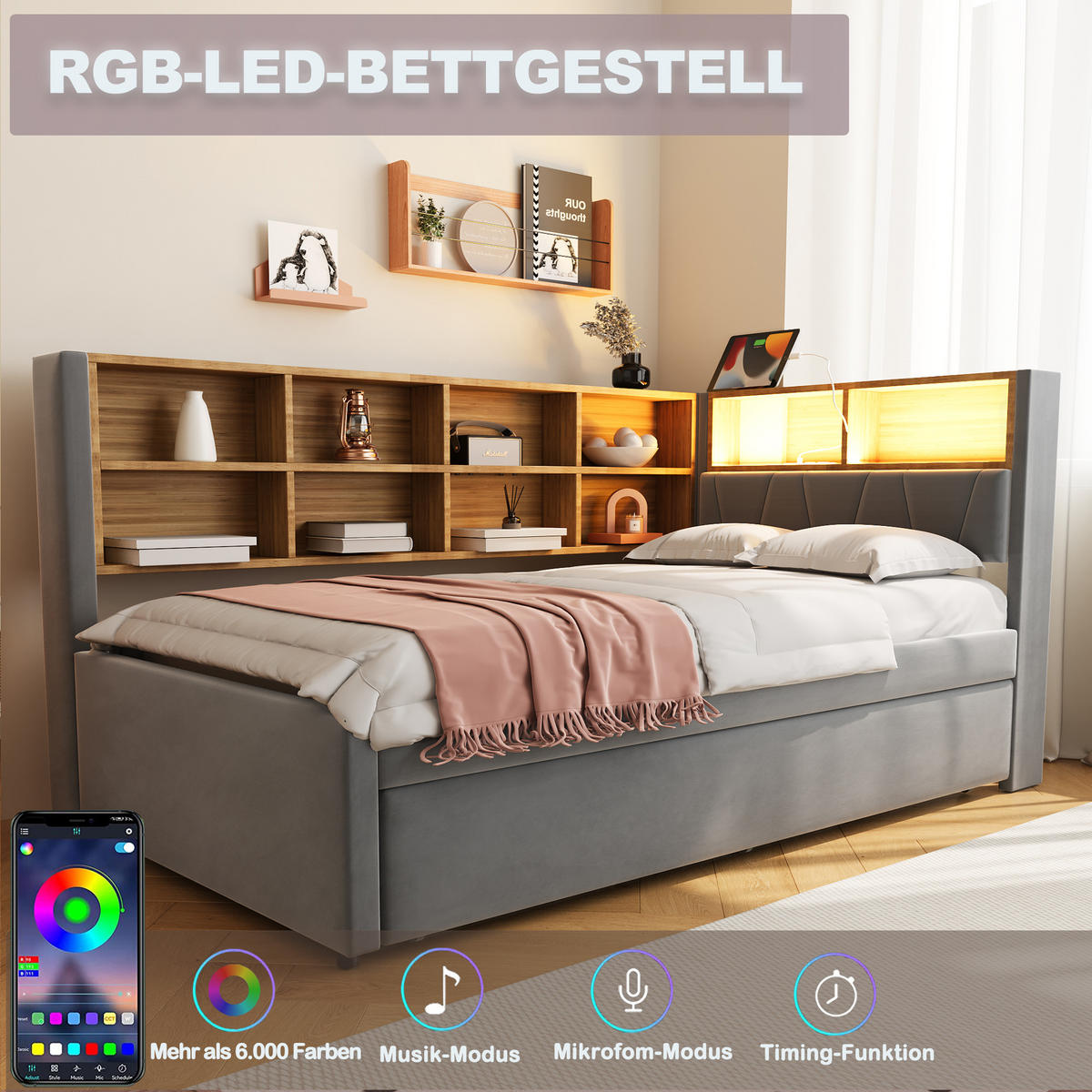POLSTERBETT 90/90x200 cm LED USB dunkelgrau - Dunkelgrau, Textil (90/200cm) - Fortuna Lai