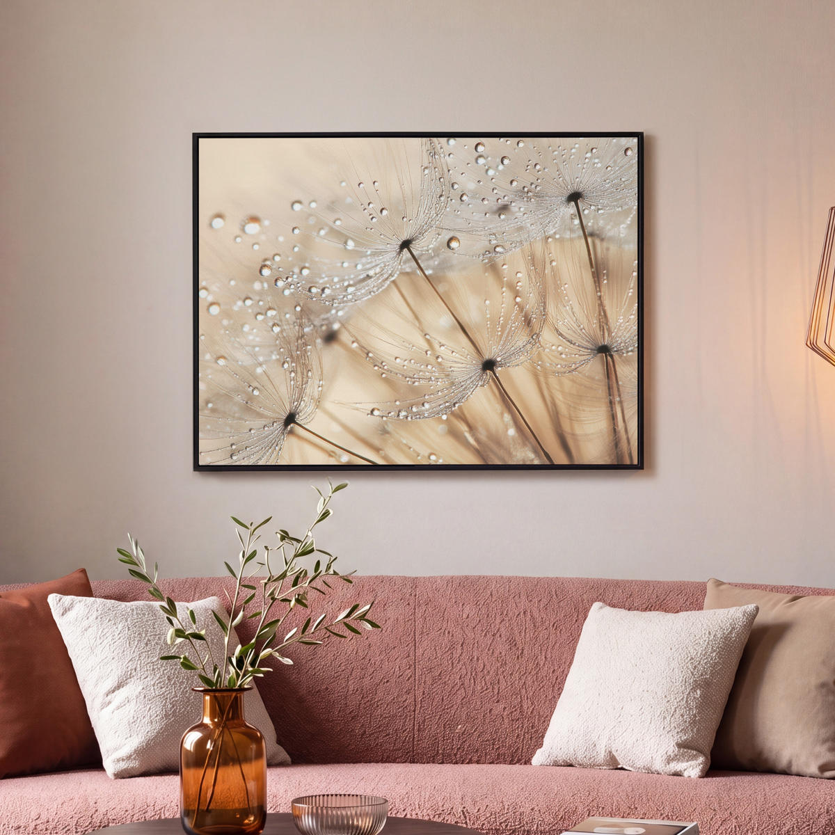 LEINWAND Bilder mit Rahmen - Löwenzahn - Abstrakt - Natur - Beige - 80x60 - Braun, Textil (80/60cm) - MuchoWow