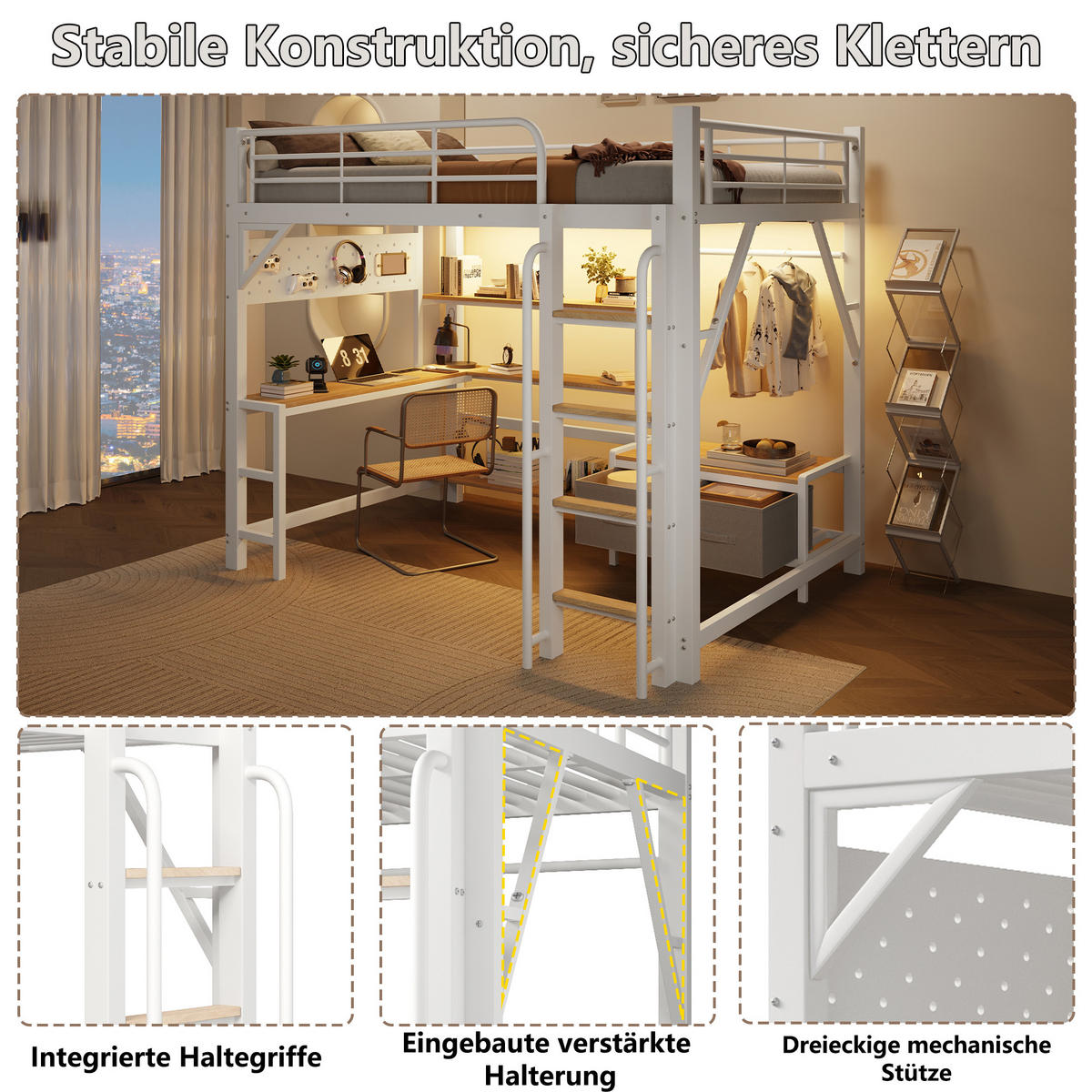 HOCHBETT 140x200cm, Eisen, Lochwand, Regale, Schubladen, Schreibtisch, USB, LED, Geländer, ohne Matratze, Weiß - Weiß, Holzwerkstoff (140/200cm)