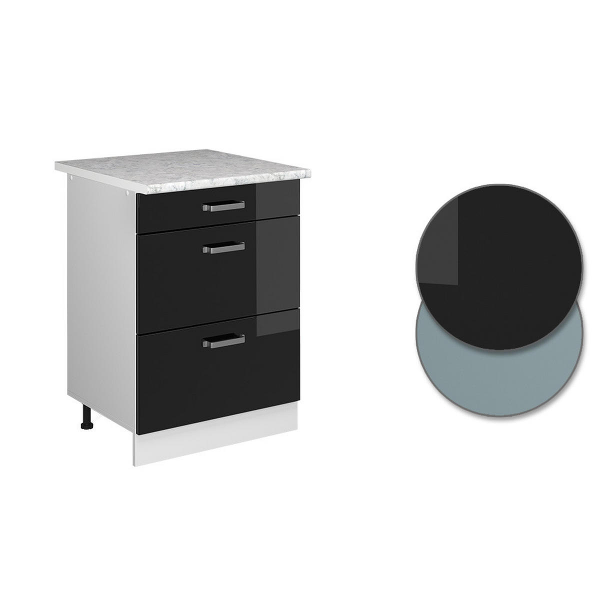 UNTERSCHRANK R-Line Schwarz Hochglanz 60 cm mit Schubladen - Schwarz Hochglanz/Weiß, Holzwerkstoff (60/81.6/60cm) - Vicco