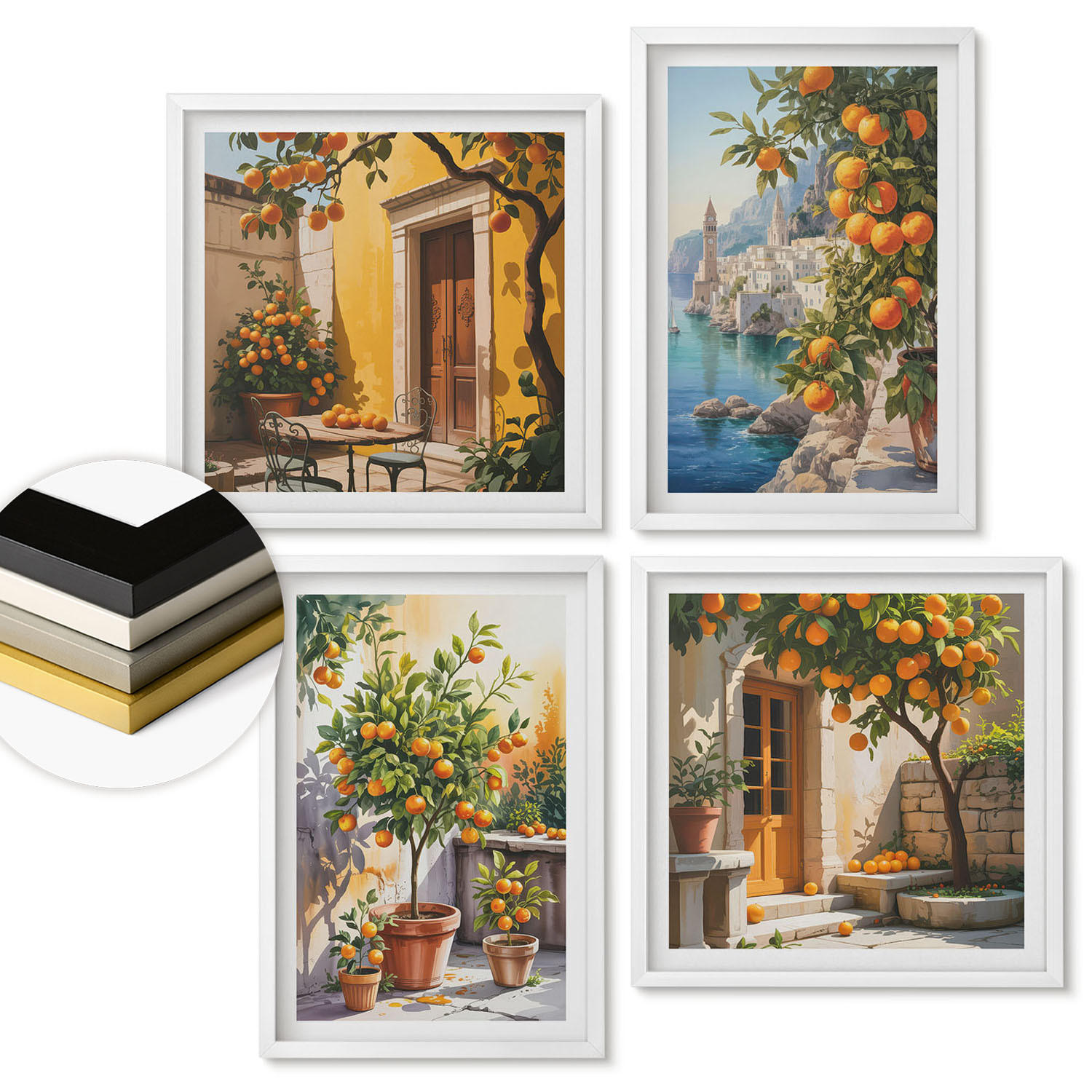 WANDBILDER 4er-Set - 50x50 cm & 40x60 cm Weißer Rahmen - Gemalte Zitruslandschaften - Weiß, Kunststoff (50/50cm) - ArtPrintCave