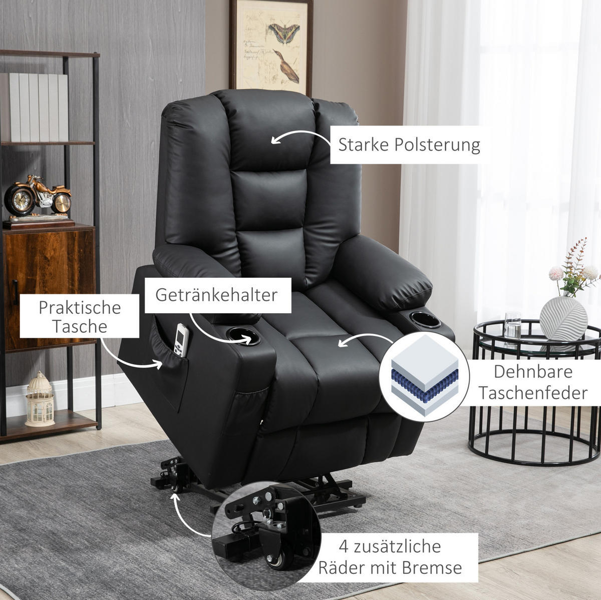 RELAXSESSEL in Schwarz 98x90x102 cm mit Aufstehhilfe, Liegefunktion und Massagefunktion - Schwarz, Metall (90/102/98cm) - IVMEU