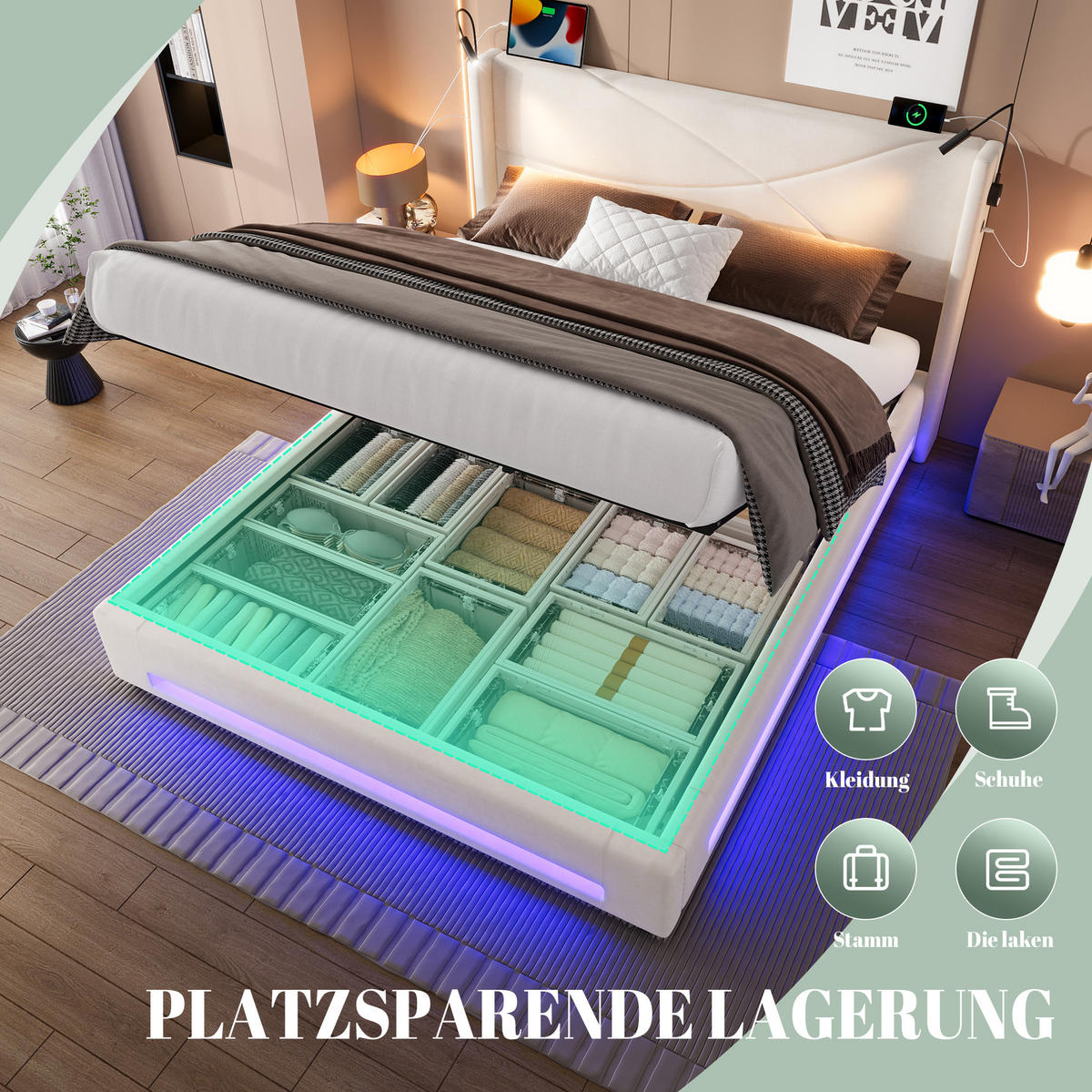 BETT 140/200 cm in Beige – mit Bettkasten, LED, USB und Lattenrost - Beige, Textil (140/200cm) - BEAOK