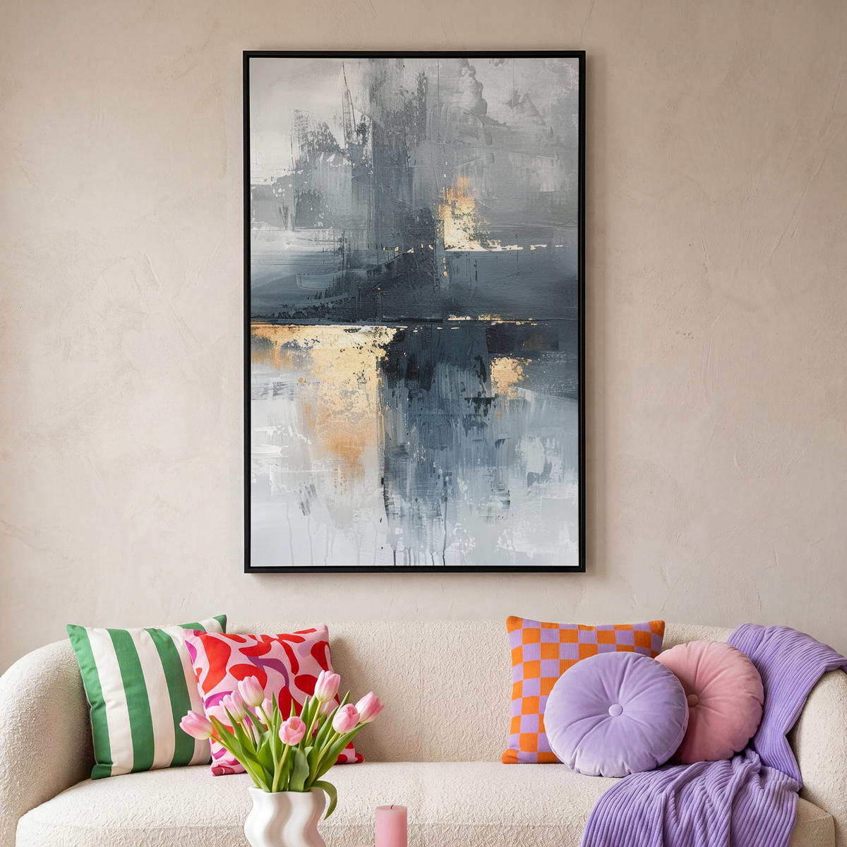 LEINWAND Bilder mit Rahmen - Kunst - Grau - Gold - Abstrakt - 80x120 - Dunkelgrau, Textil (80/120cm) - MuchoWow