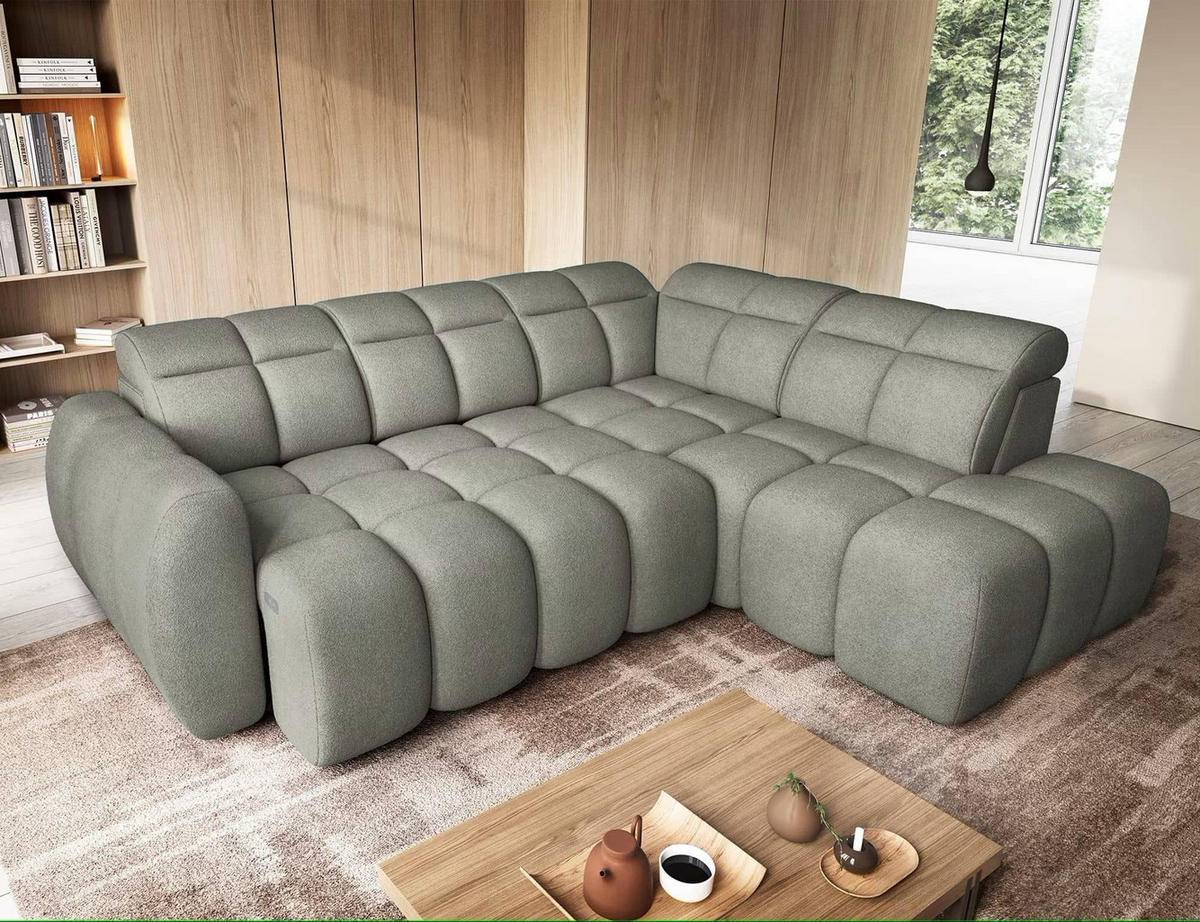 ECKSOFA mit elektrischem Sitzvorschub, Bettkasten und verstellbare Kopflehnen - Grün, Naturmaterialien/Textil (208/258cm) - Eltap