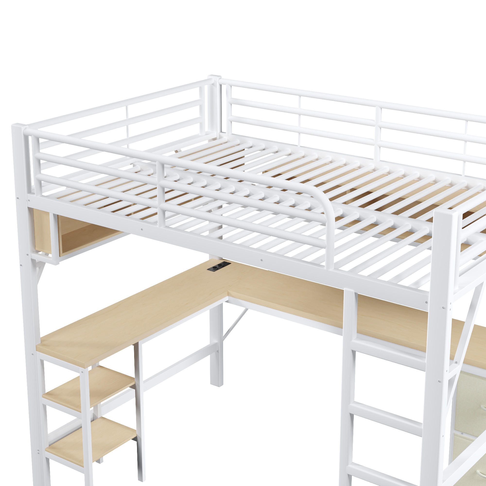 HOCHBETT 140x200cm, Metall, Bücherregal, Schreibtisch, Schrank, USB, LED, Weiß - Weiß, Holzwerkstoff (140/200cm)