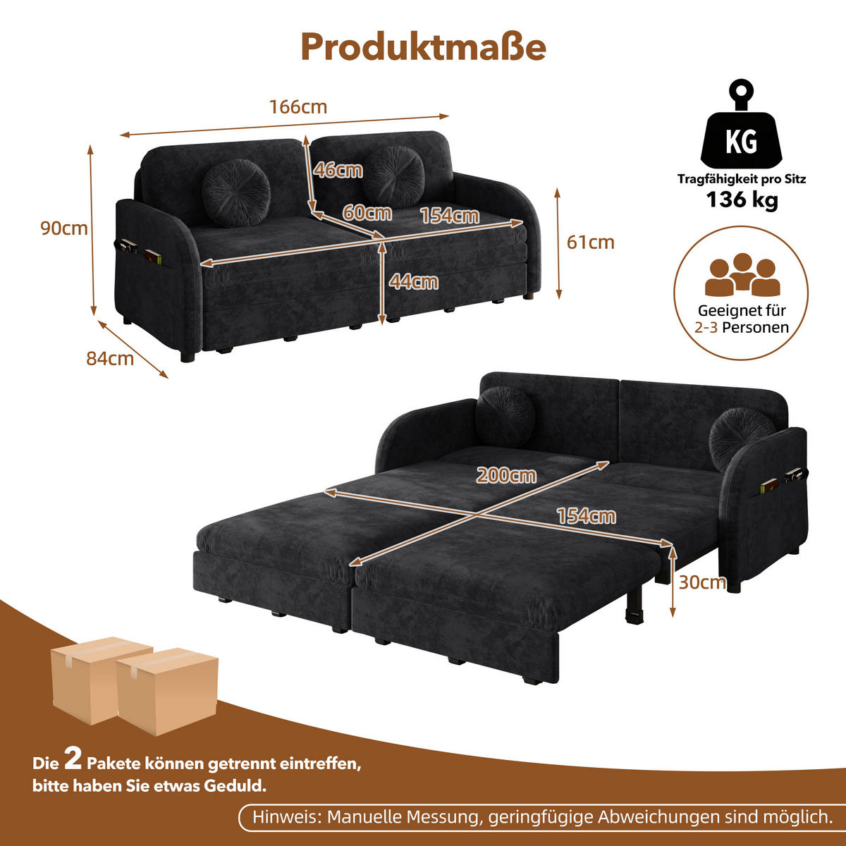 SCHLAFSOFA 166/84/90 cm Schwarz Chenille mit losen Kissen und Stautaschen an beiden Seiten - Schwarz, Textil (84/90/166cm) - Oxeza