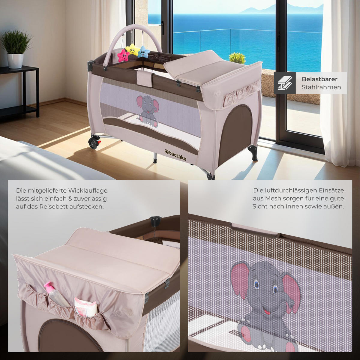 KINDER REISEBETT Elefant,inklusive Tragetasche, 132 x 75 x 104 cm,braun - Braun, Kunststoff (75/104/132cm) - tectake