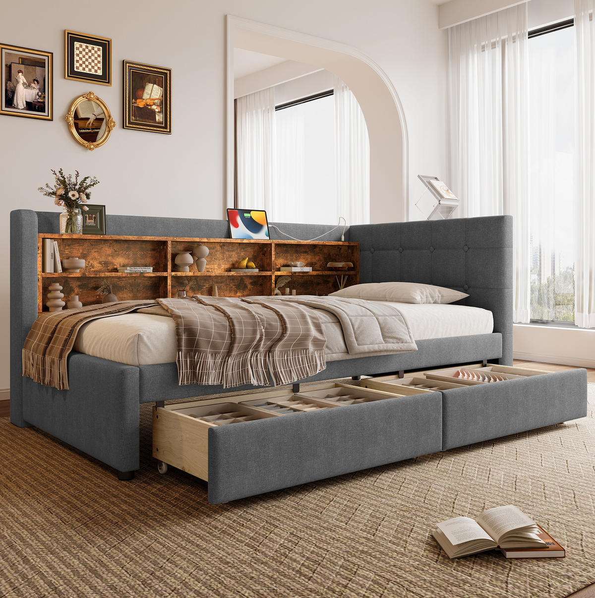 POLSTERBETT 90/200 cm Grau mit 2 Schubladen und USB- und Type-C-Anschlüssen - Grau, Textil (90/200cm) - Flora Grace