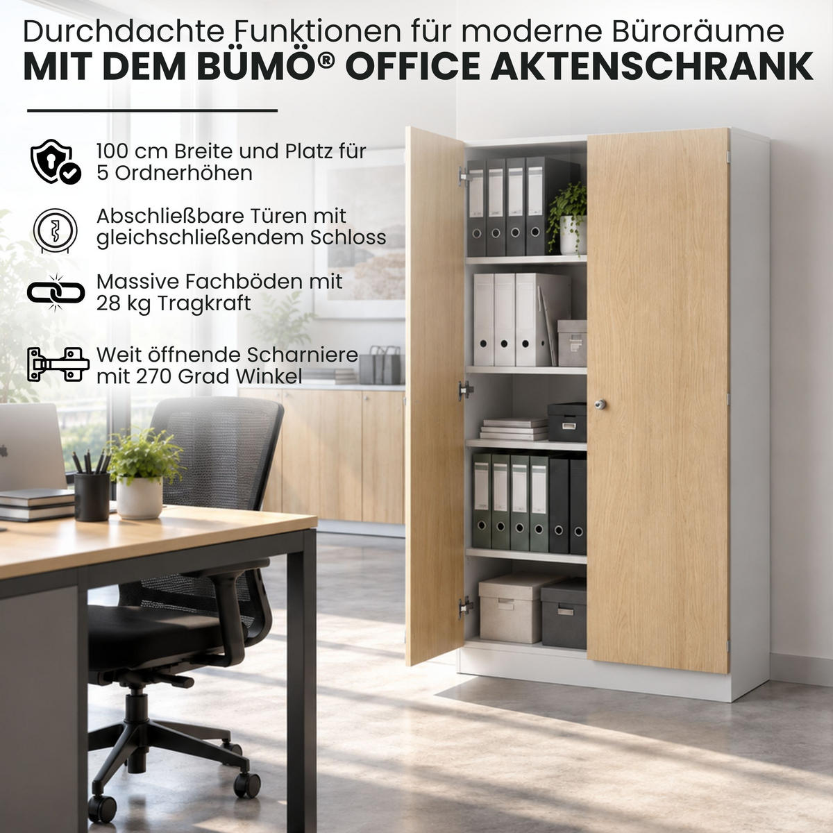 AKTENSCHRANK breit - 5 Ordnerhöhen 42/100/200,4 cm in Nussbaumfarben/Silberfarben - Silberfarben/Nussbaumfarben, Holzwerkstoff (100/200.4/42cm) - bümö
