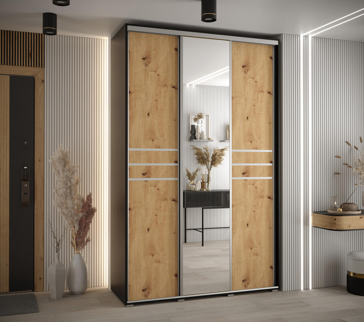 SCHWEBETÜRENSCHRANK 235,2/160/45 3-türig - Silberfarben/Schwarz, Holz/Metall (160/235/45cm) - Abiks Möbel