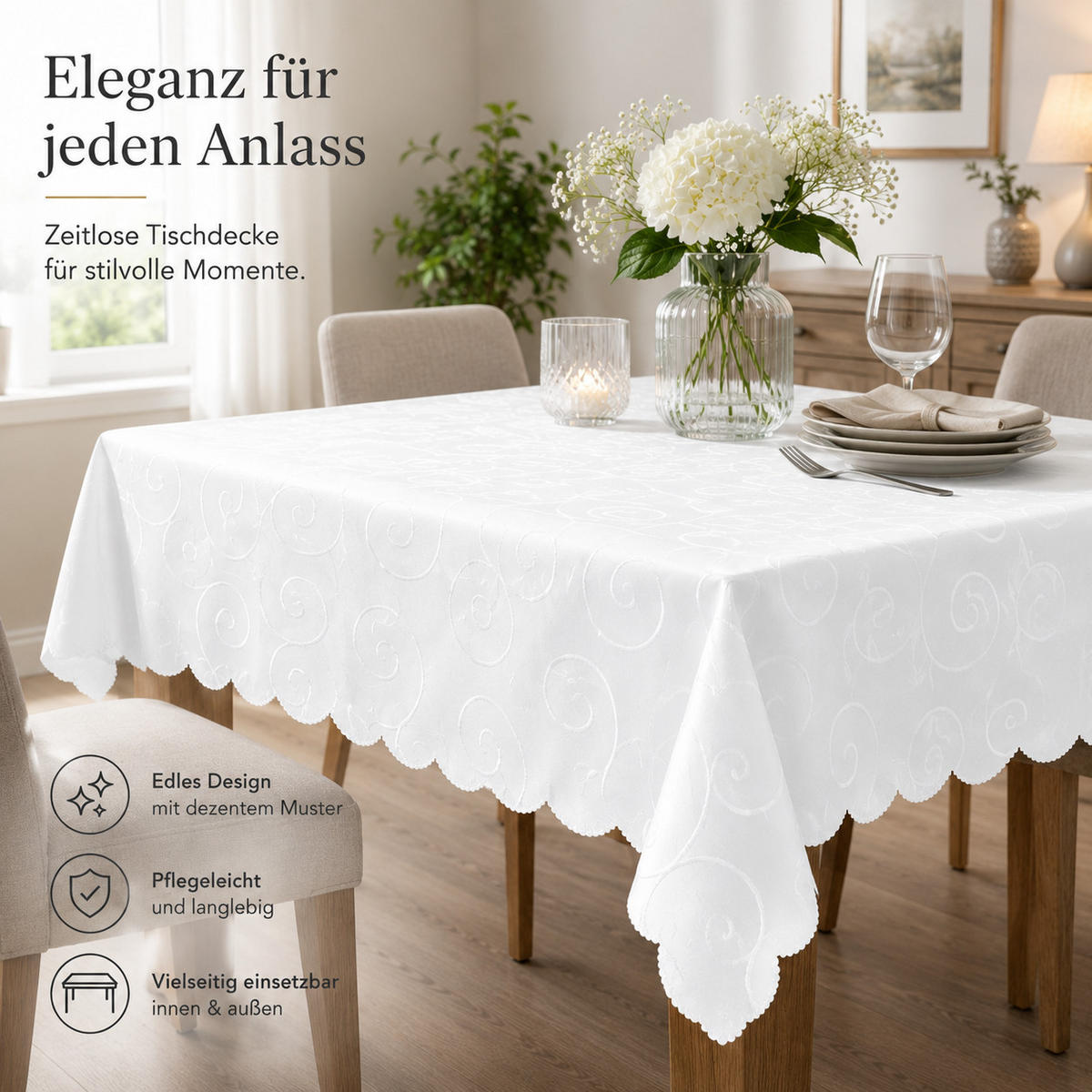 TISCHDECKE 160/160 cm Ornamente Weiß - Weiß, Textil (160/160cm) - TiborTex