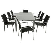 GARTEN-GARNITUR Ashford - 9-teilige Garten-Essgruppe (8x Stapelsessel mit Aluminiumgestell, Bespannung Textillehne schwarz, Ausziehtisch - Schwarz, Metall - TPFGarden