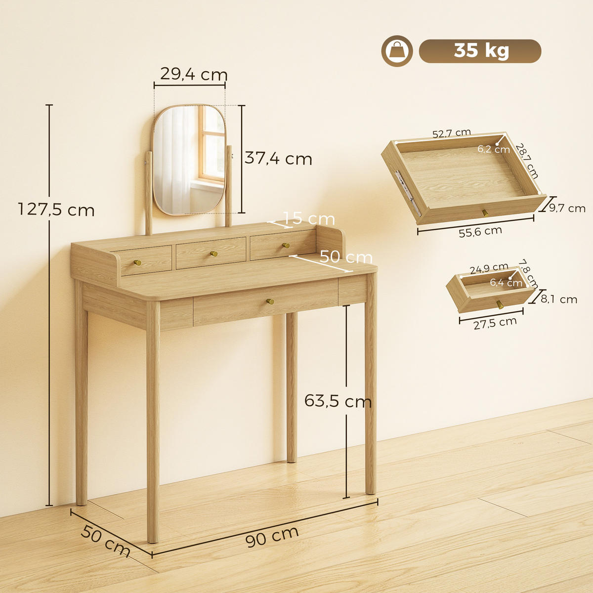 FRISIERTISCH MDF Eiche - Eichefarben/Goldfarben, Holz/Holzwerkstoff (50/127.5/90cm) - HOMCOM