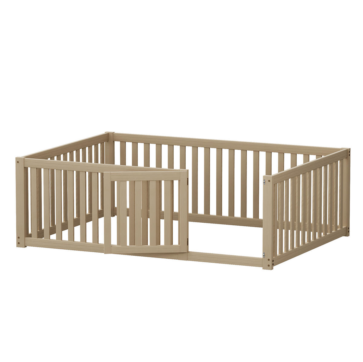 BODENBETT aus Massivholz 140x200 cm Natur mit Tür und Zaun, ohne Lattenrost, vielseitig nutzbar - Naturfarben, Holz (140/200cm) - Modfu