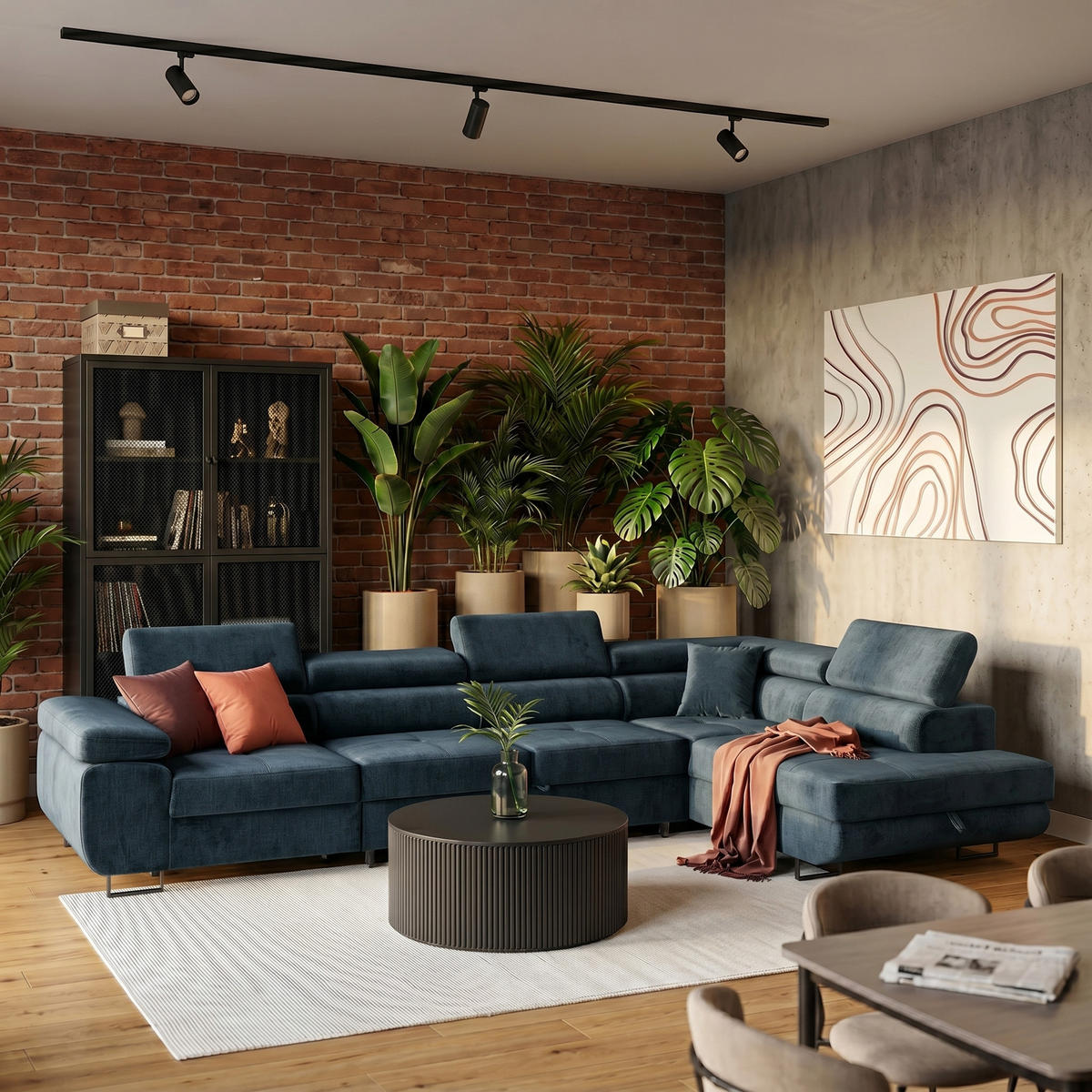ECKSOFA WILD MAXI L Rechts mit Schlaffunktion 125x195 Velours Dunkelblau - Chromfarben/Dunkelblau, Holz/Textil (203/350cm) - Muffo