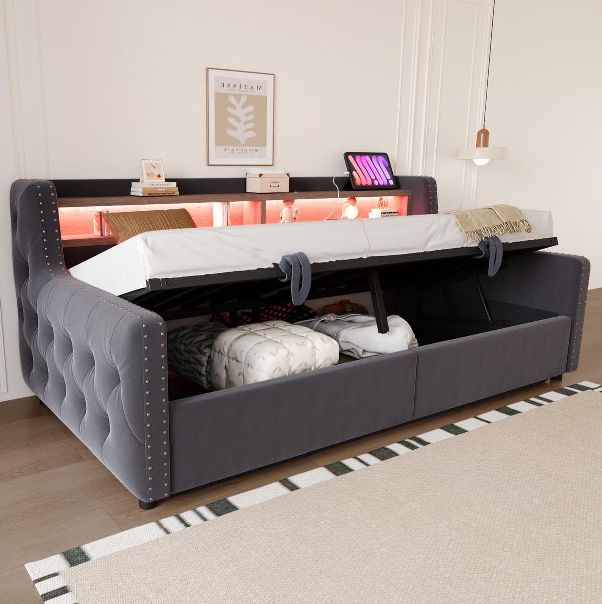SCHLAFSOFA 90/200 cm dunkelgrau aus Samt mit Stauraum, LED und Ladeanschlüssen - Grau, Textil (90/200cm) - OKWISH