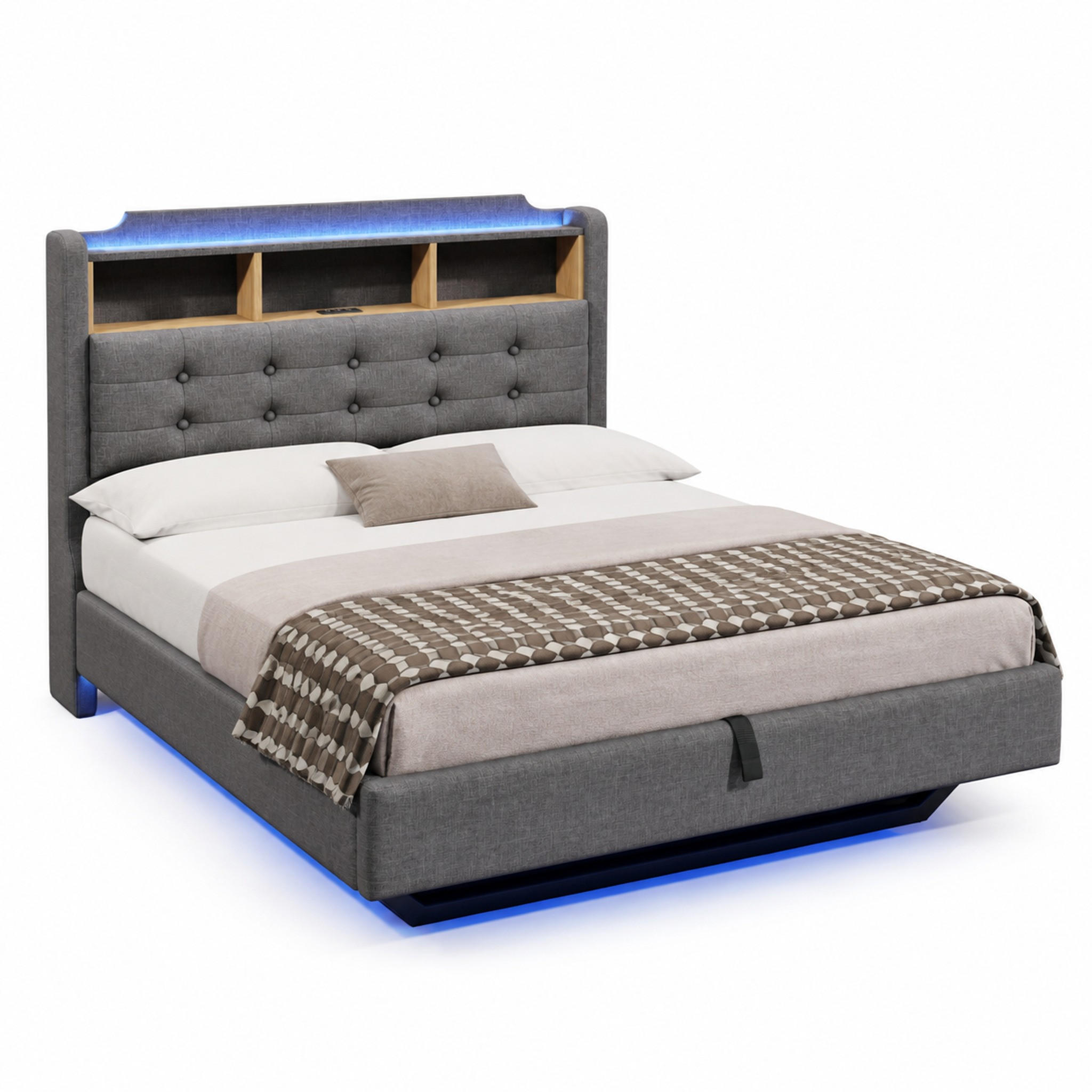 POLSTERBETT mit Stauraum und LED 140x200 cm Leinen Grau - Grau, Metall (140/200cm) - Meubliv