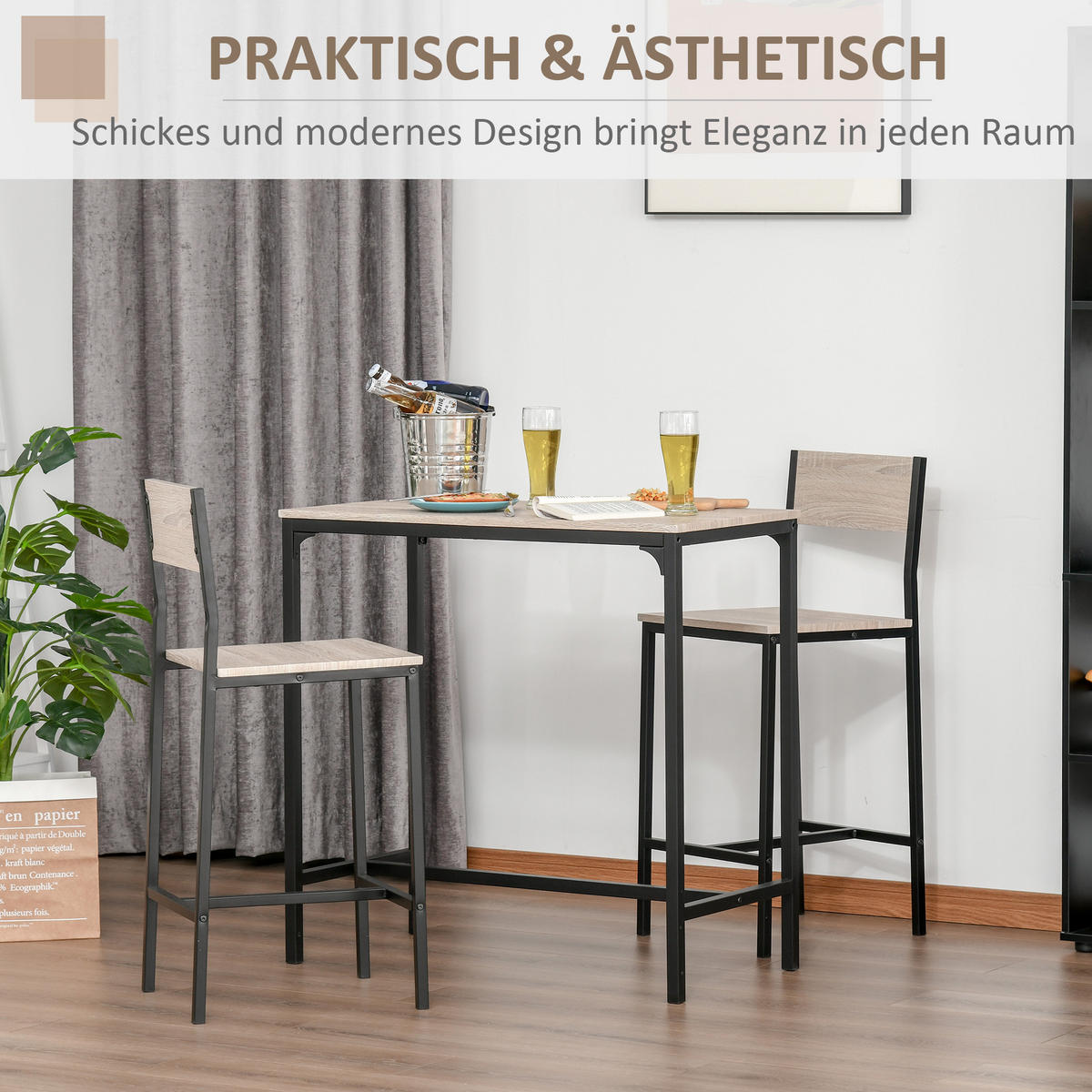 BARTISCH-SET, MDF, Metall, Natur+Schwarz - Naturfarben, Kunststoff (45/87/89cm) - HOMCOM
