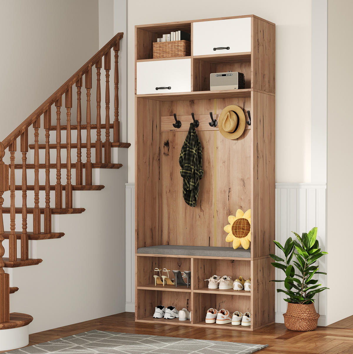 GARDEROBENSET 80/35/185 cm aus Spanplatte mit Sitzbank und LED-Beleuchtung Weiß/Naturfarben - Naturfarben, Holzwerkstoff (80/185/35cm) - Modenvie