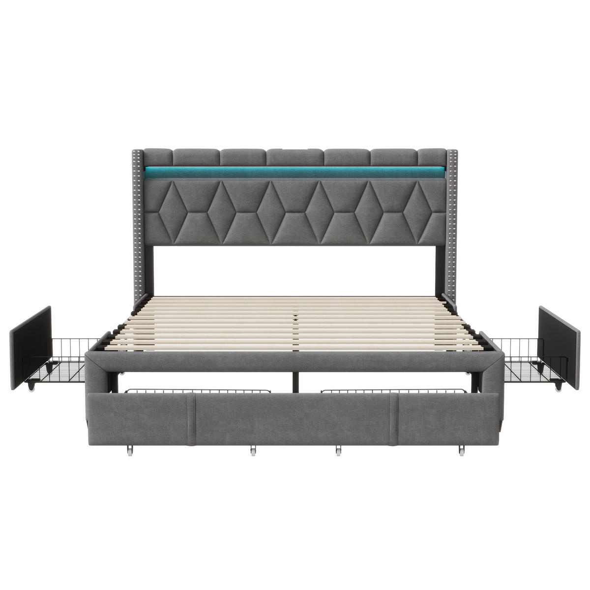 POLSTERBETT 140x200 cm, Grau, LED-Beleuchtung und 4 Schubladen - Grau, Textil/Metall (140/200cm)