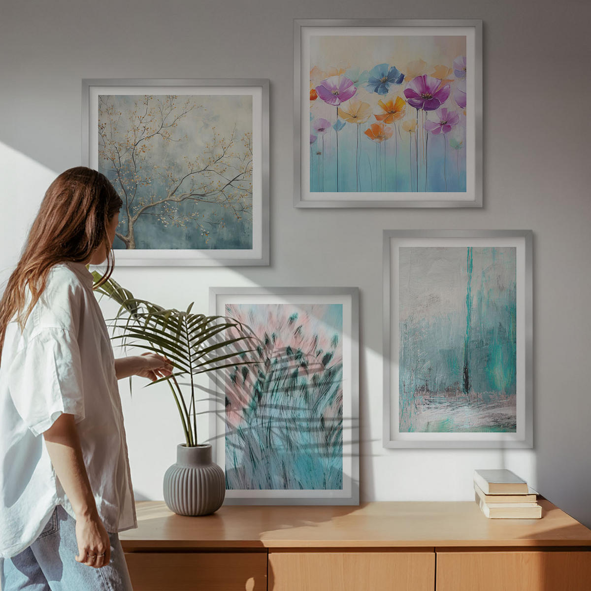 BILDER SET 4er Set - 50x50 cm & 40x60 cm Silberner Rahmen - Hintergrundmuster mit Pastellblumen - Silberfarben, Kunststoff (50/50cm) - TULUP