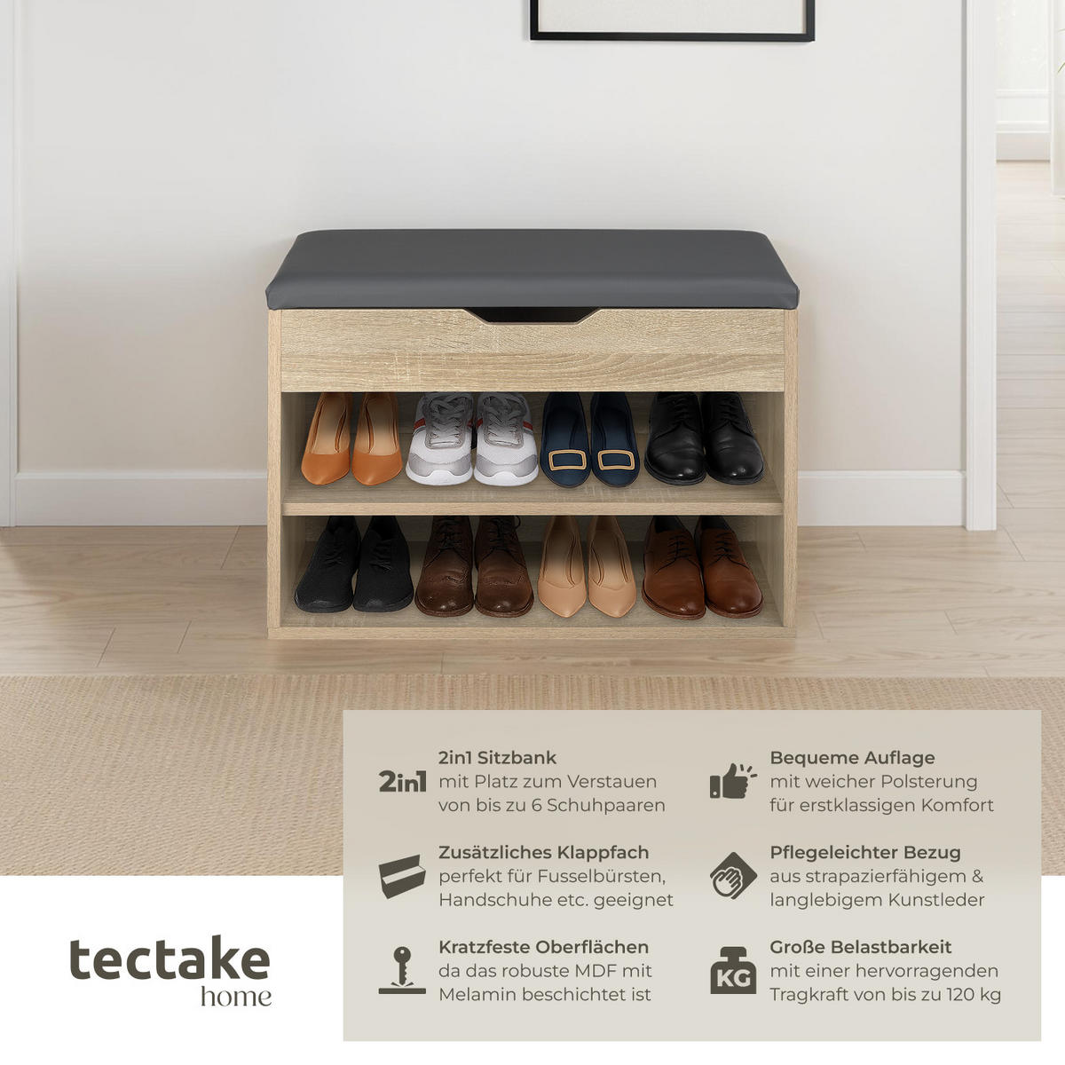 SCHUHBANK Jasmina,60 x 30 x 43,5 cm,Holz hell, Eiche Sonoma - Eiche Artisan, Holz (30/43.5/60cm) - tectake