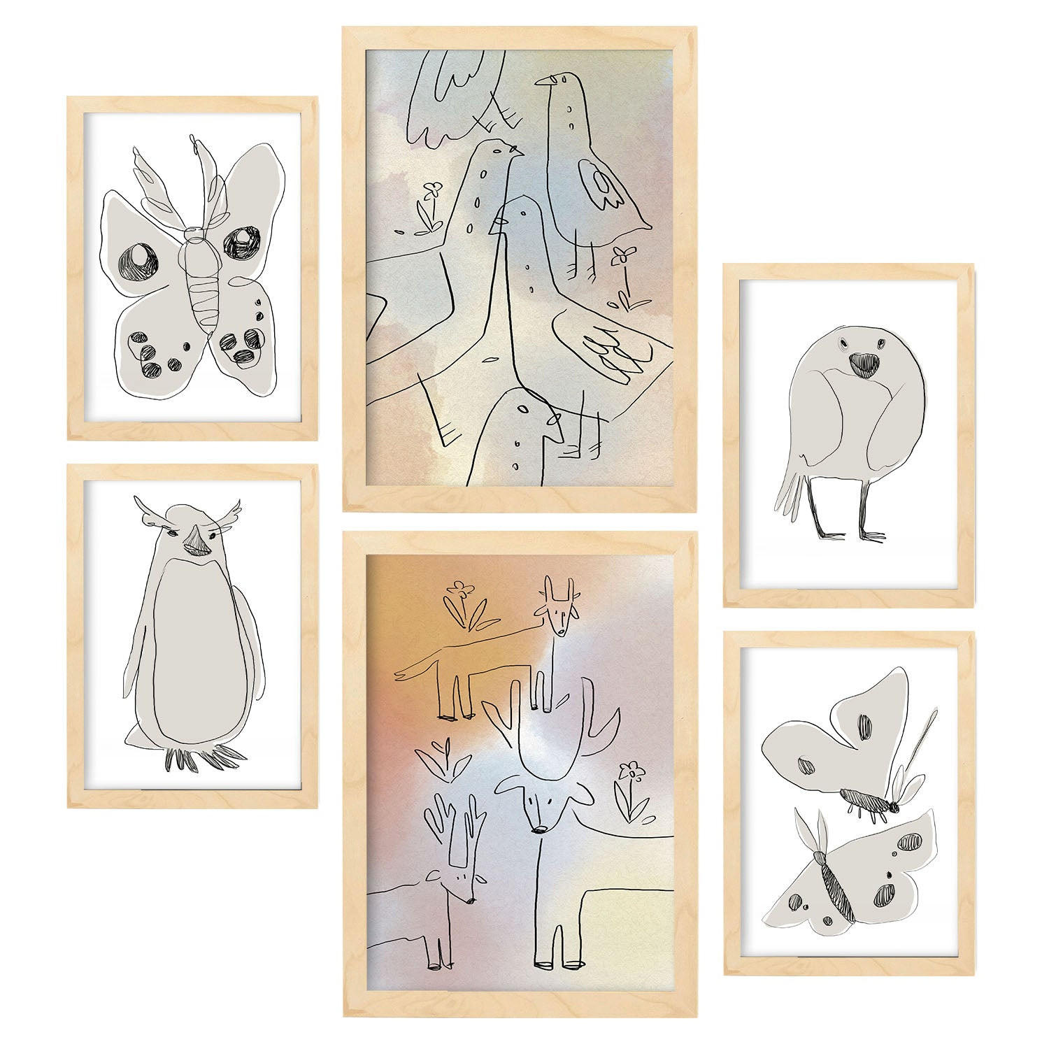 POSTER Set Mit 6 Flügel Der Liebe 2 In Tiere Zusammenfassungen A3 & A4 Rahmen Aus Hellem Holz - Beige, Papier (29/3cm) - Nacnic