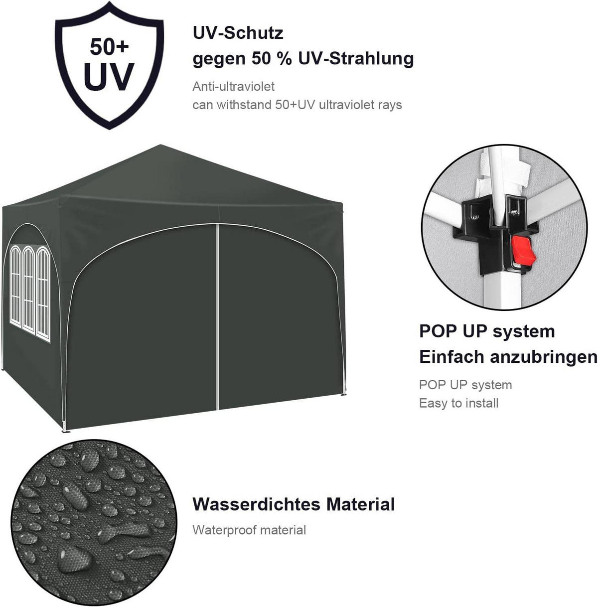 PAVILLON, Faltpavillon 3x3 m, mit 4 Seitenwänden, Grau - Grau, Metall (300/260/300cm) - Woltu