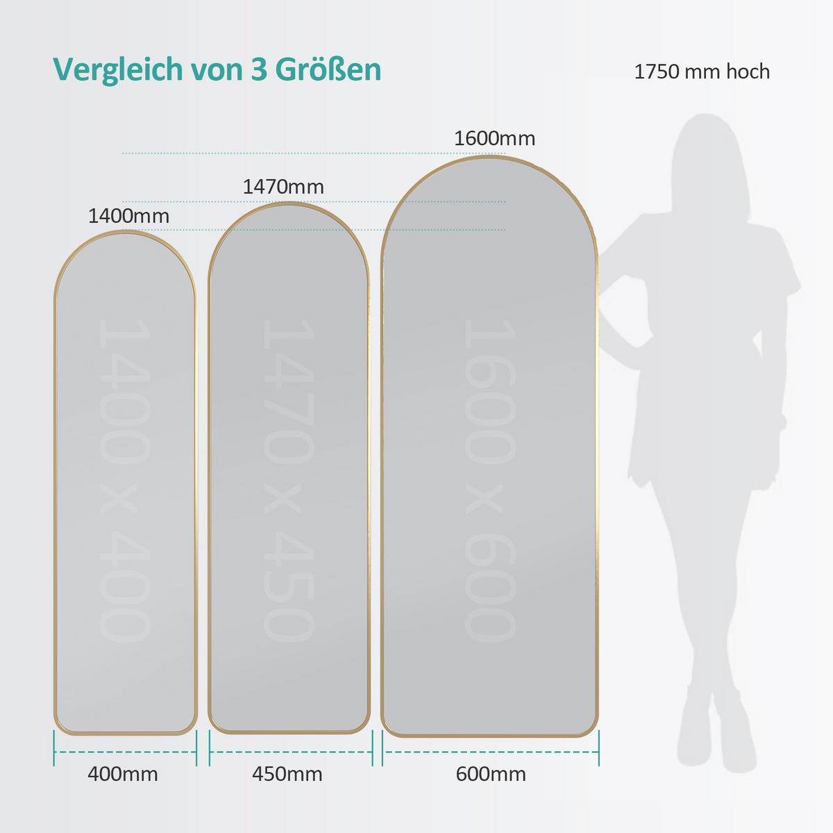 STANDSPIEGEL mit Rahmen Gehärteter Silberspiegel Gold 147/45 cm - Goldfarben, Glas/Metall (45/147/147cm) - EMKE